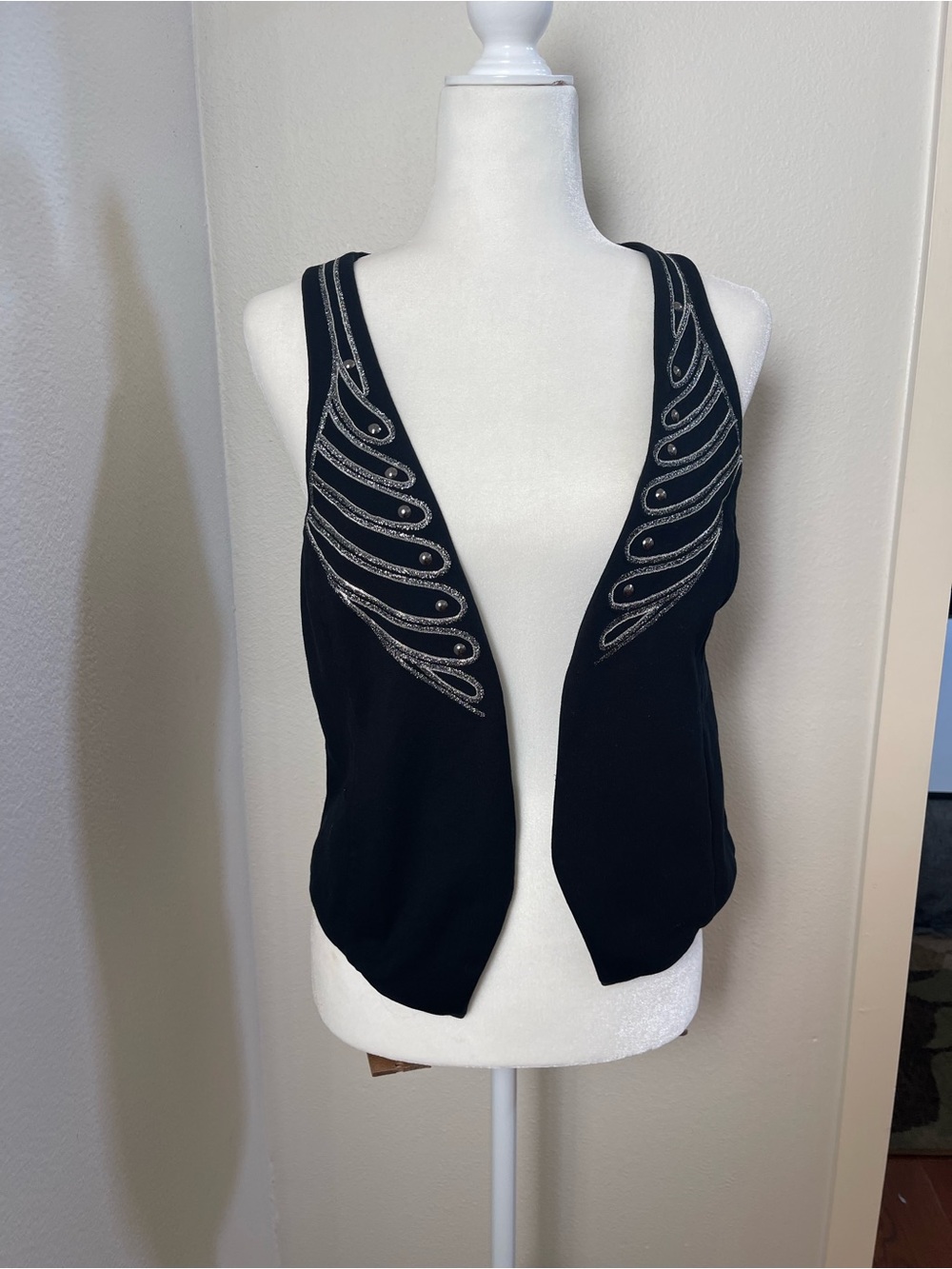 VTG Express Y2K Black Military Hussar Vest Silver Embroidered Studded Shrug M